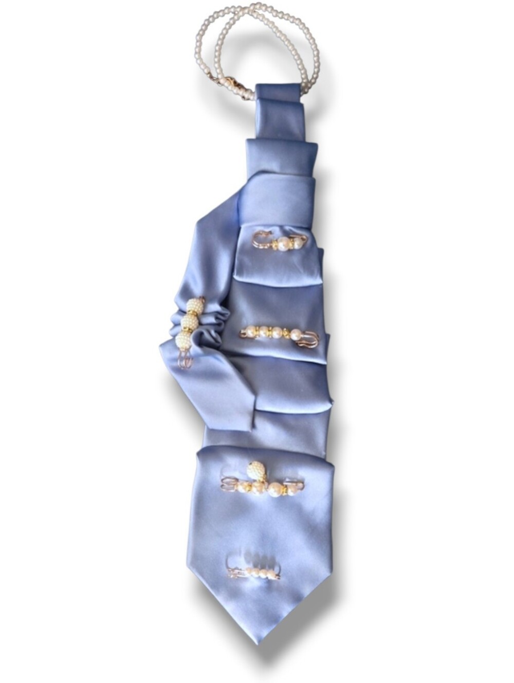 3/$60 Silky Blue Folded Cravat with Decorative Gold and Pearl Accents